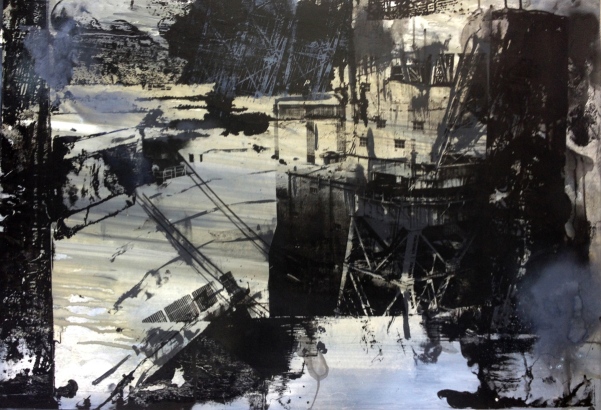 (c) Bianca Cork, Graving Docks, 2014. 68 x 95cm. Original print in a series of 4. Monotype, relief print, screen print.
